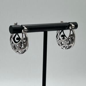Vintage Sterling Silver Open Cutout Floral Filigree Scrolling Hoop Earrings